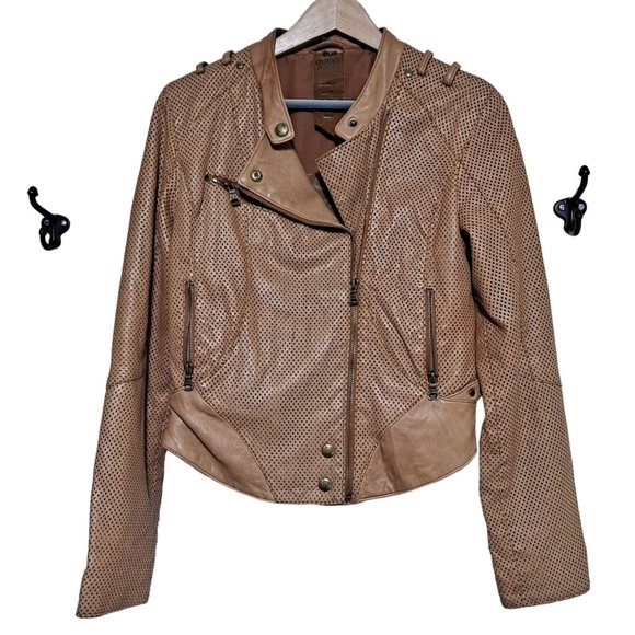 Guess Genuine Leather Jacket Woman Size Medium Cognac Preforated Moto Motorcycle - Picture 1 of 11